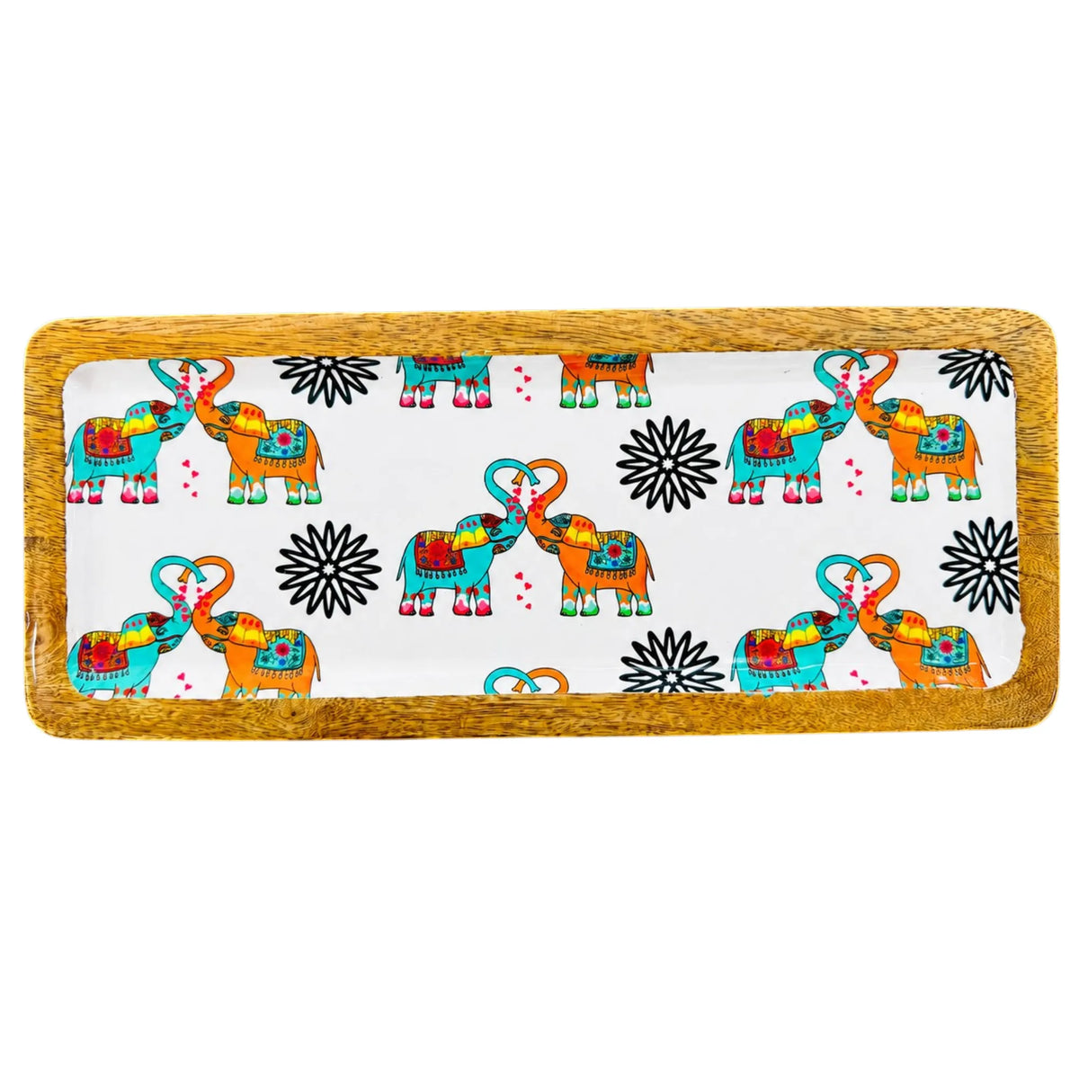 PaintzStories elephants in love artwork featuring two decorated elephants on a handcrafted solid mango wood rectangular platter, 13 x 5 inch