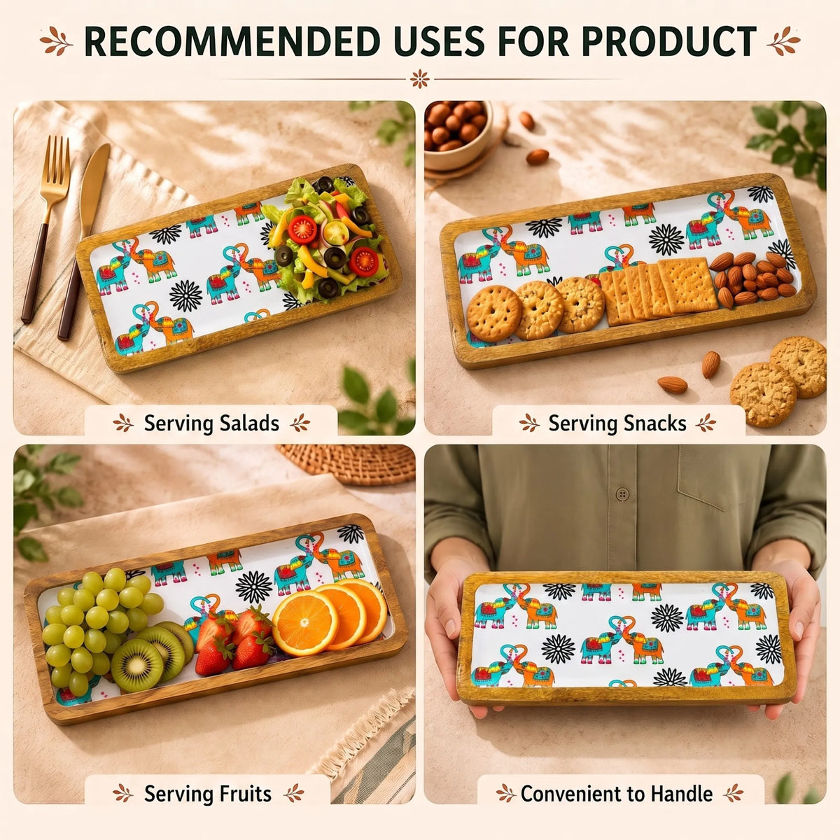PaintzStories rectangular wooden platter for serving dry snacks, starters, fruits and sides or displaying as table decor