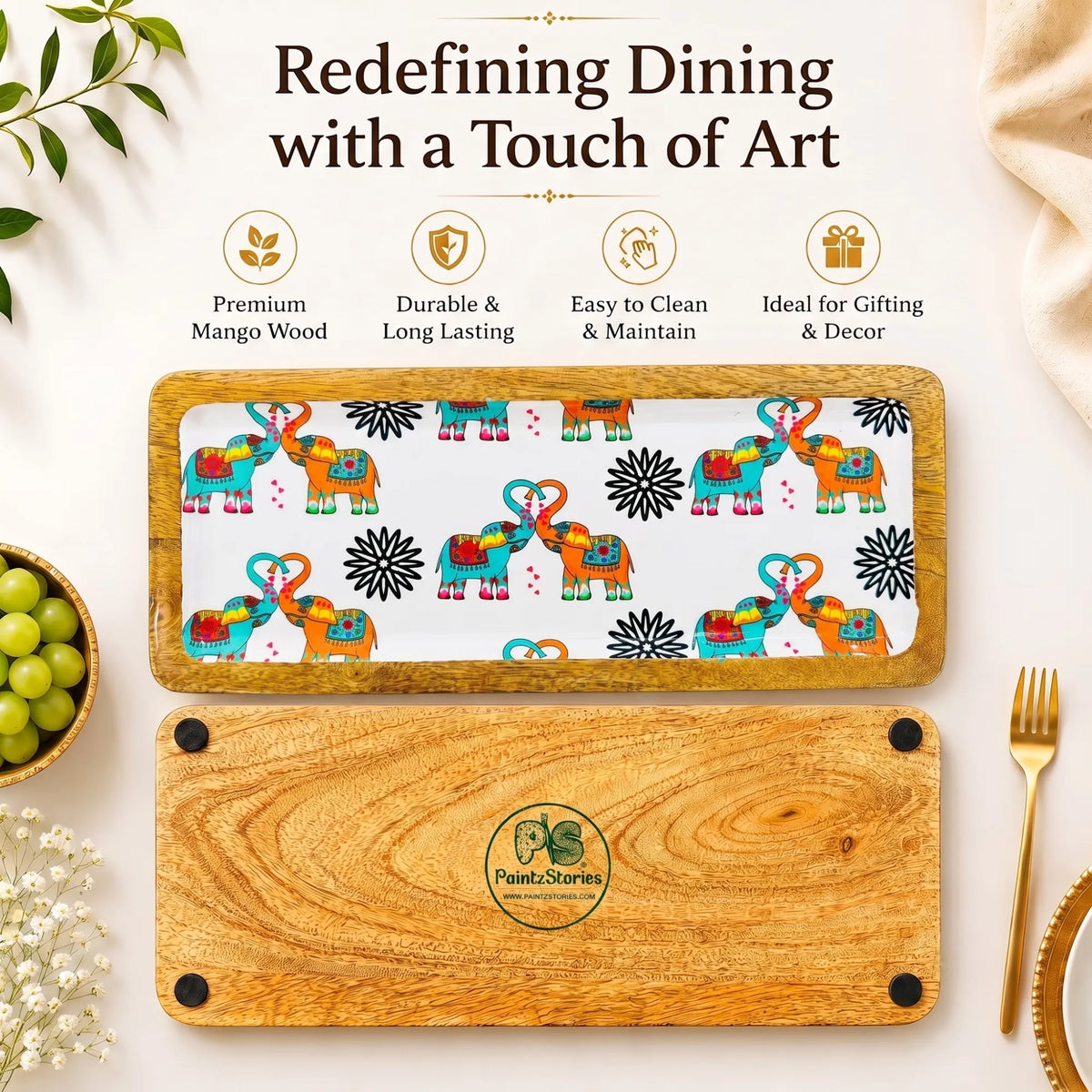 PaintzStories elephants in love artwork featuring two decorated elephants on an artistic rectangular wooden platter for elegant dining and table decor