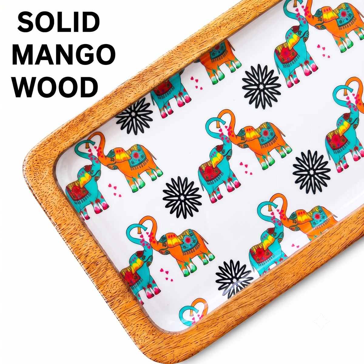 Handcrafted PaintzStories rectangular platter made from solid mango wood with glossy Meena print artwork