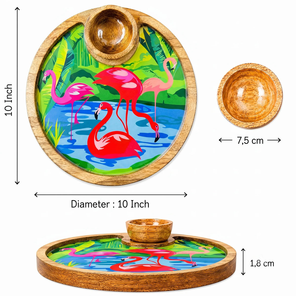 PaintzStories Flamingo Elegance circular wooden serving platter with bowl showing 10 x 10 inch platter size and 50 ml bowl