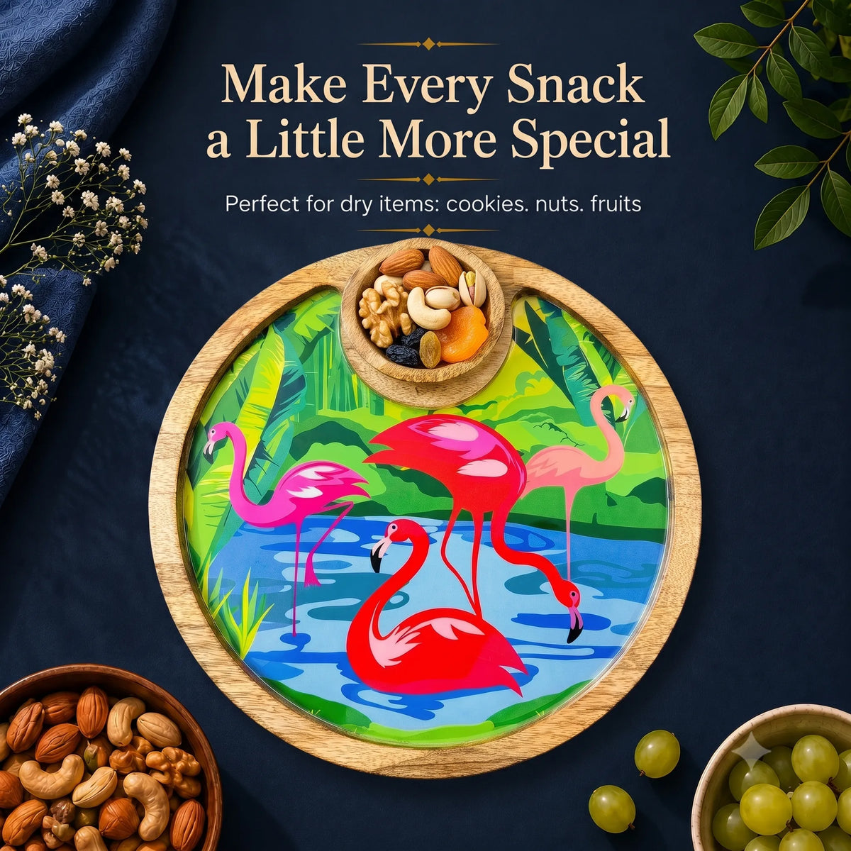 PaintzStories Flamingo Elegance circular wooden platter with bowl for serving snacks, starters, fruits and small bites