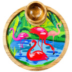 PaintzStories Flamingo Elegance circular wooden serving platter with wooden bowl, handcrafted solid mango wood with glossy Meena print, 10 x 10 inch