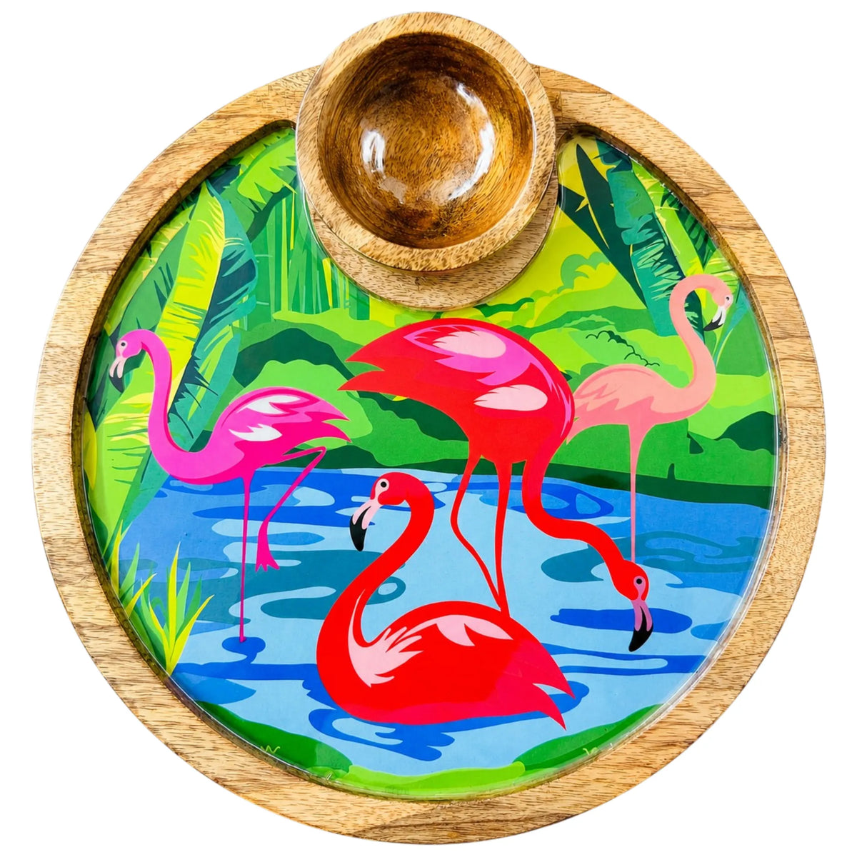 PaintzStories Flamingo Elegance circular wooden serving platter with wooden bowl, handcrafted solid mango wood with glossy Meena print, 10 x 10 inch