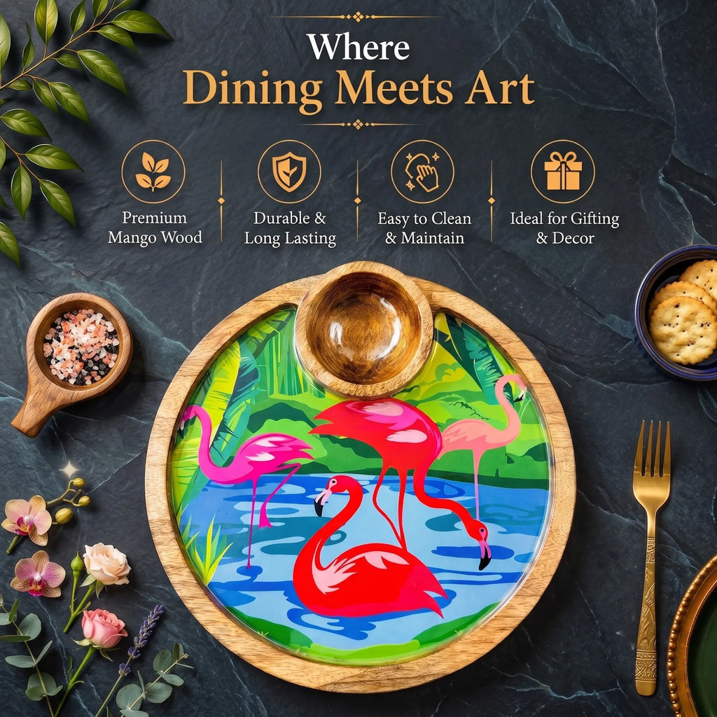 PaintzStories Flamingo Elegance artistic circular wooden serving platter with bowl styled for elegant dining and table decor