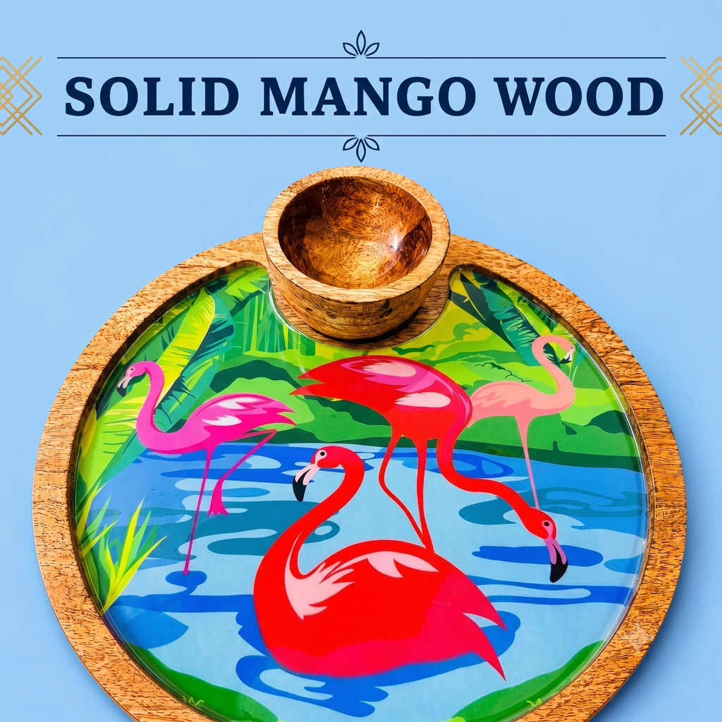 PaintzStories Flamingo Elegance circular serving platter handcrafted from solid mango wood with glossy Meena artwork and wooden bowl