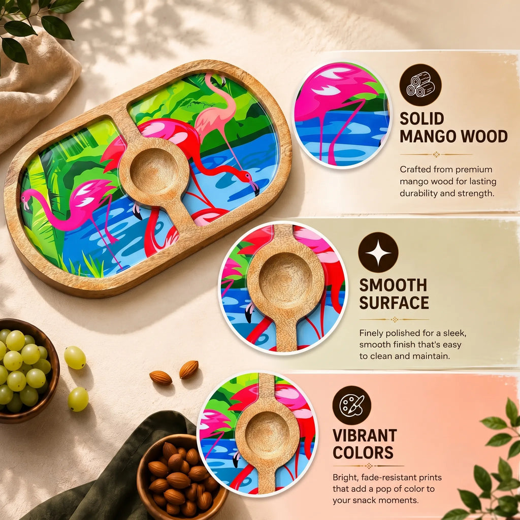 PaintzStories Flamingo Elegance round wooden serving platter featuring solid mango wood and glossy Meena print