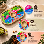 PaintzStories Flamingo Elegance round wooden serving platter featuring solid mango wood and glossy Meena print