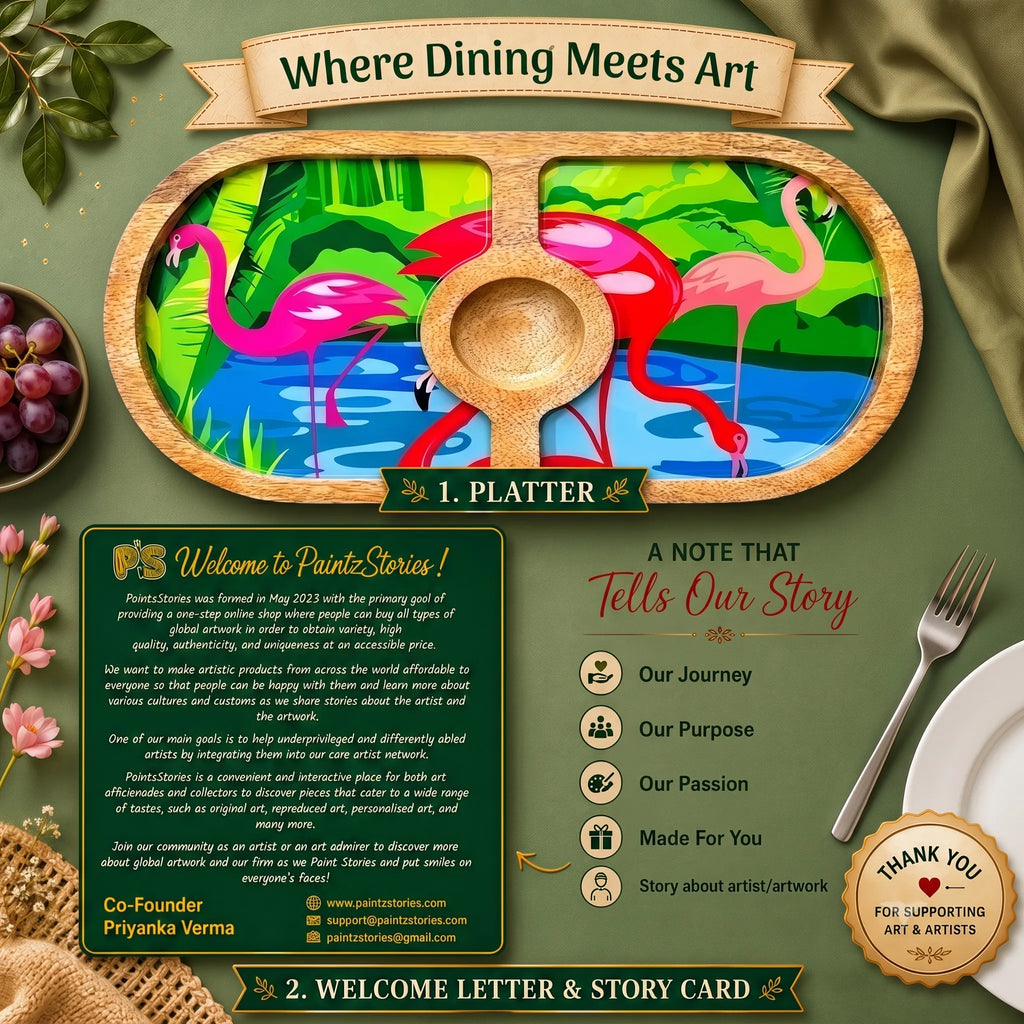 PaintzStories Flamingo Elegance round wooden platter with PaintzStories Card and Welcome Letter