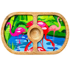 PaintzStories Flamingo Elegance round wooden serving platter, handcrafted solid mango wood with glossy Meena print, 14 x 8 inch