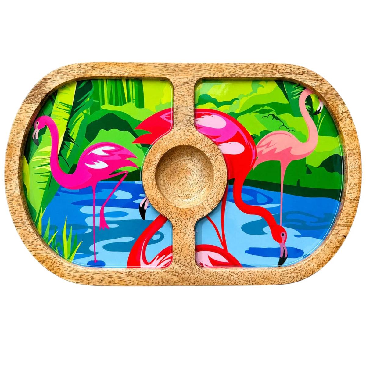 PaintzStories Flamingo Elegance round wooden serving platter, handcrafted solid mango wood with glossy Meena print, 14 x 8 inch