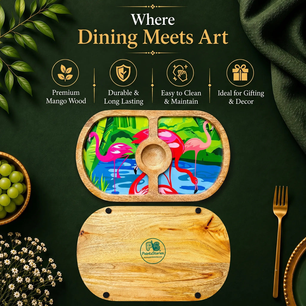 PaintzStories Flamingo Elegance artistic round wooden serving platter styled for elegant dining and table decor
