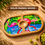 PaintzStories Flamingo Elegance round platter handcrafted from solid mango wood with glossy Meena artwork