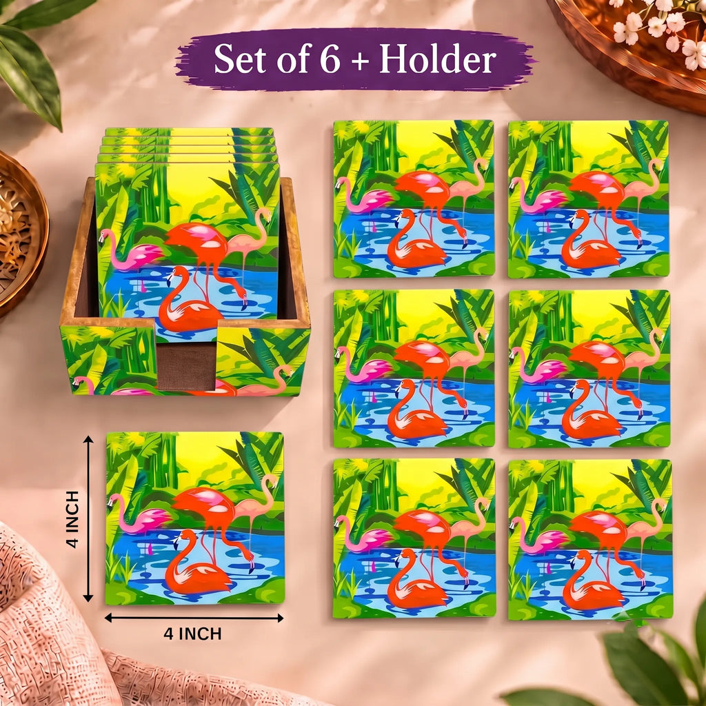PaintzStories Flamingo Elegance wooden coasters 4x4 inch with holder dimensions