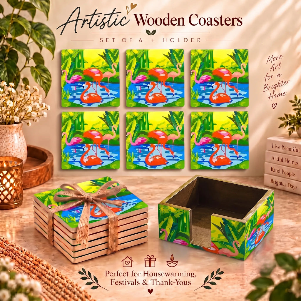 PaintzStories Flamingo Elegance wooden coasters set of 6 gift item