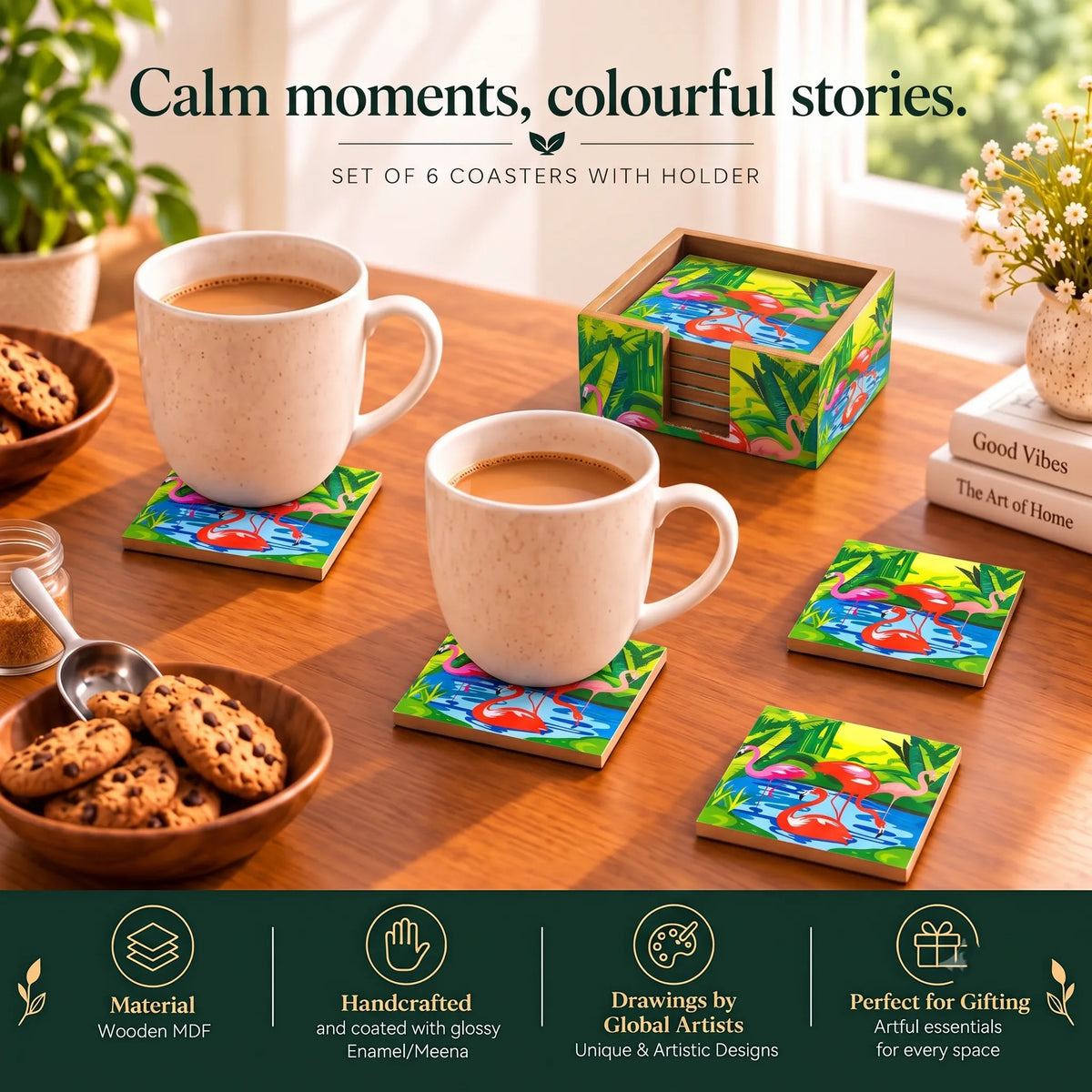 PaintzStories Flamingo Elegance decorative wooden coasters for home decor