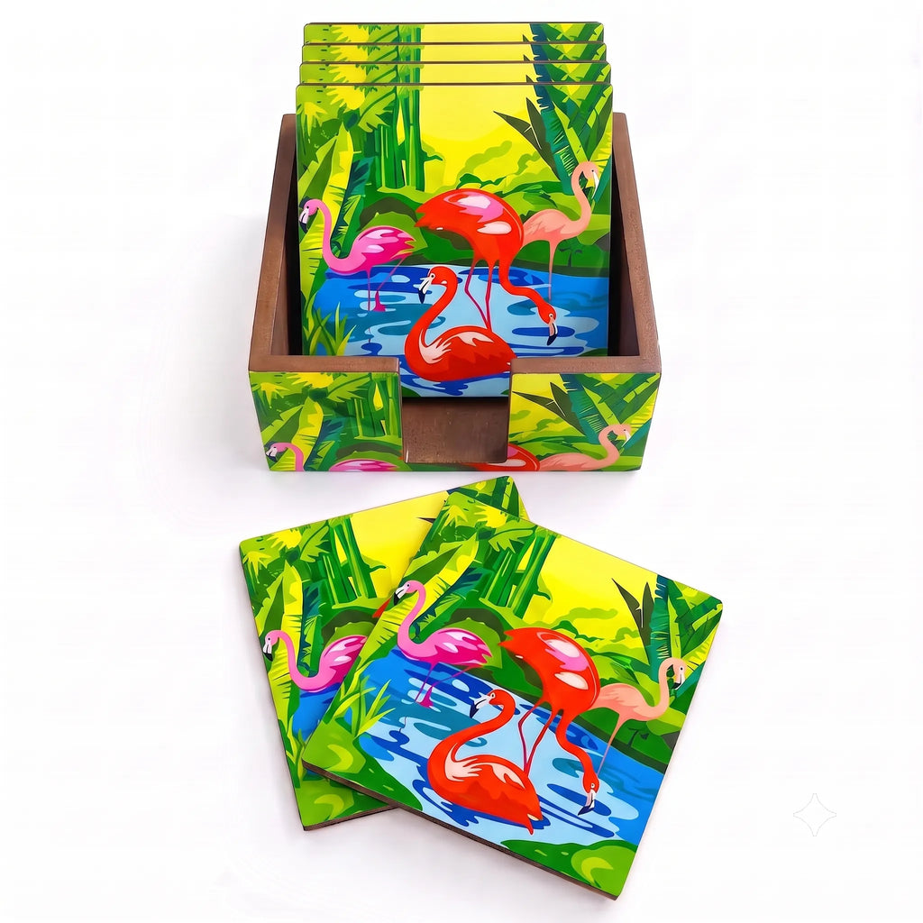 PaintzStories Flamingo Elegance artistic wooden coasters set of 6 with holder
