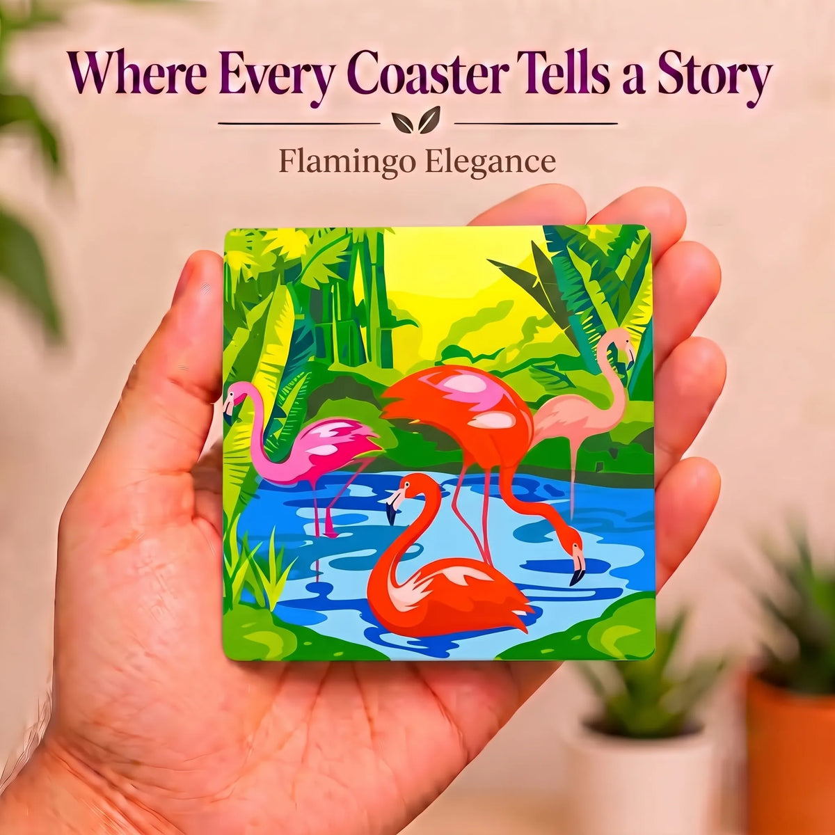PaintzStories Flamingo Elegance artistic wooden coaster story artwork