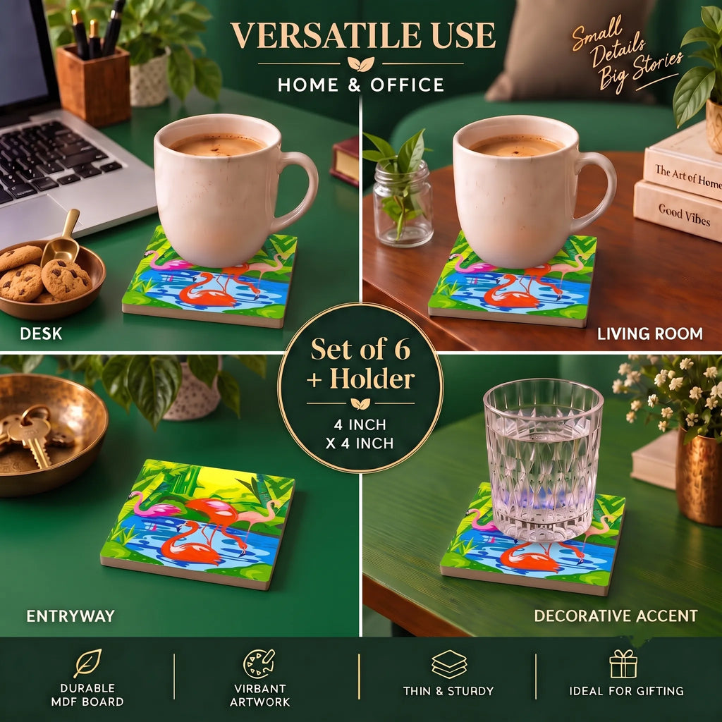 PaintzStories Flamingo Elegance wooden coasters for dining table and everyday use