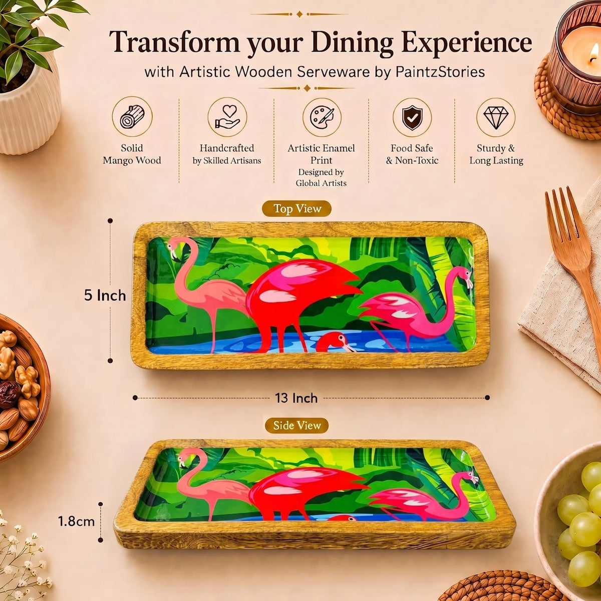 PaintzStories rectangular wooden platter measuring 13 x 5 inch, compact for serving snacks and sides