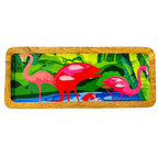 PaintzStories elegant flamingo artwork in a lush green setting on a handcrafted solid mango wood rectangular platter, 13 x 5 inch