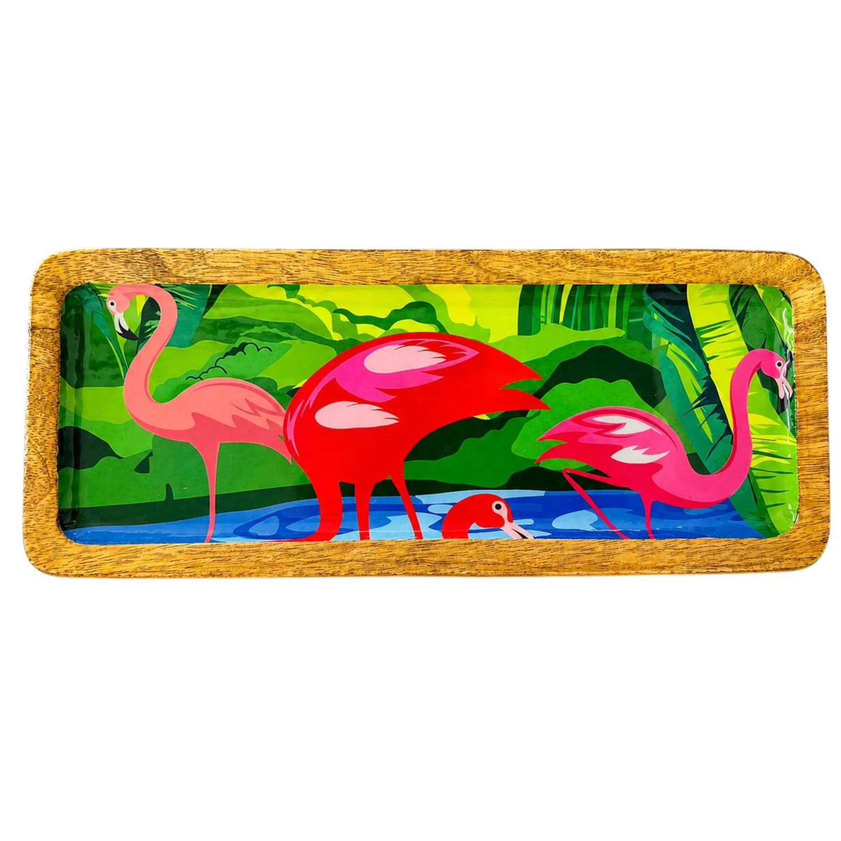 PaintzStories elegant flamingo artwork in a lush green setting on a handcrafted solid mango wood rectangular platter, 13 x 5 inch