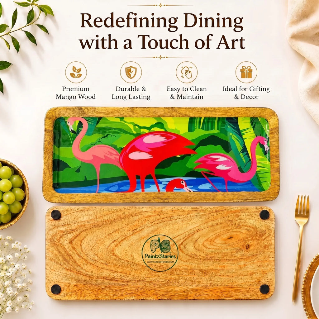 PaintzStories elegant flamingo artwork in a lush green setting on an artistic rectangular wooden platter for elegant dining and table decor