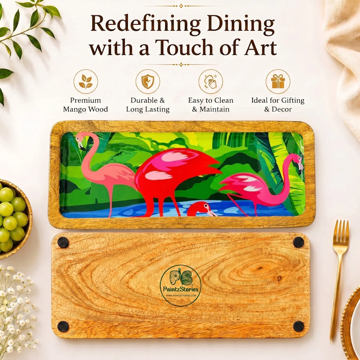 PaintzStories elegant flamingo artwork in a lush green setting on an artistic rectangular wooden platter for elegant dining and table decor