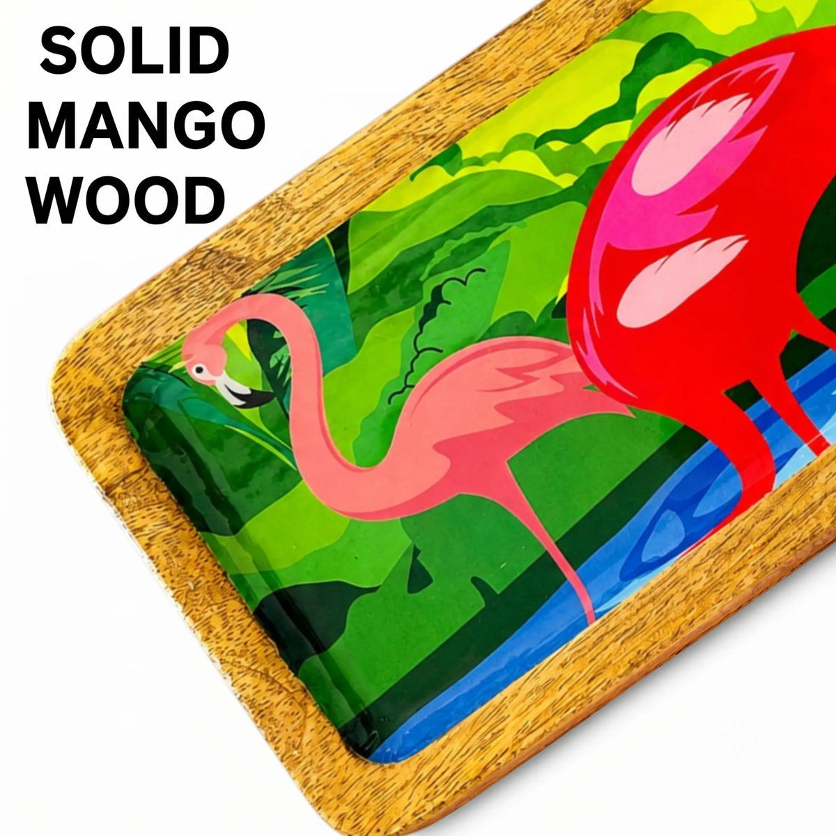 Handcrafted PaintzStories rectangular platter made from solid mango wood with glossy Meena print artwork