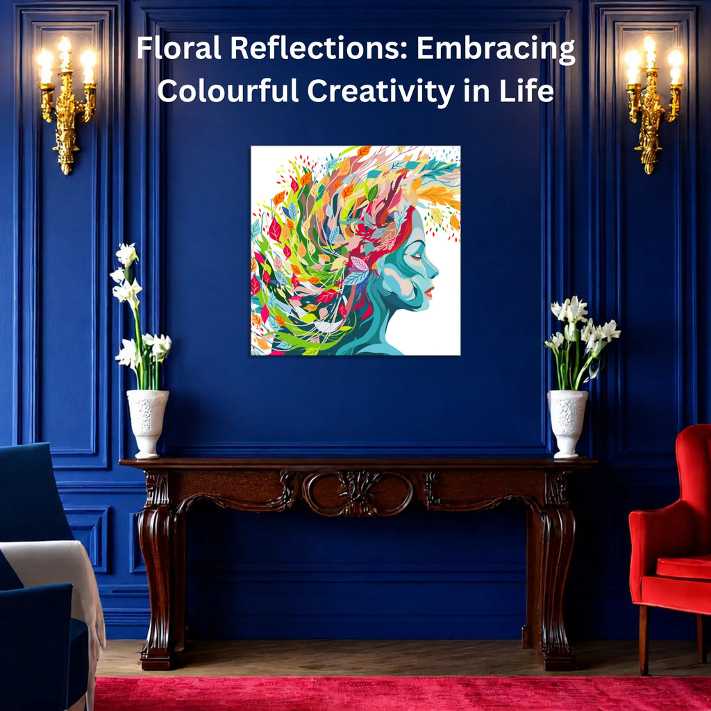 Floral Reflections Embracing Colourful Creativity in Life canvas wall art displayed in a modern living room home décor setup
