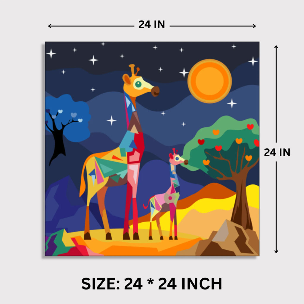 Gentle Giants: Low Poly Giraffes in a Nighttime Oasis canvas print dimensions 2 feet x 2 feet framed wall art