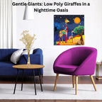 Gentle Giants: Low Poly Giraffes in a Nighttime Oasis canvas wall art displayed in a modern living room home décor setup