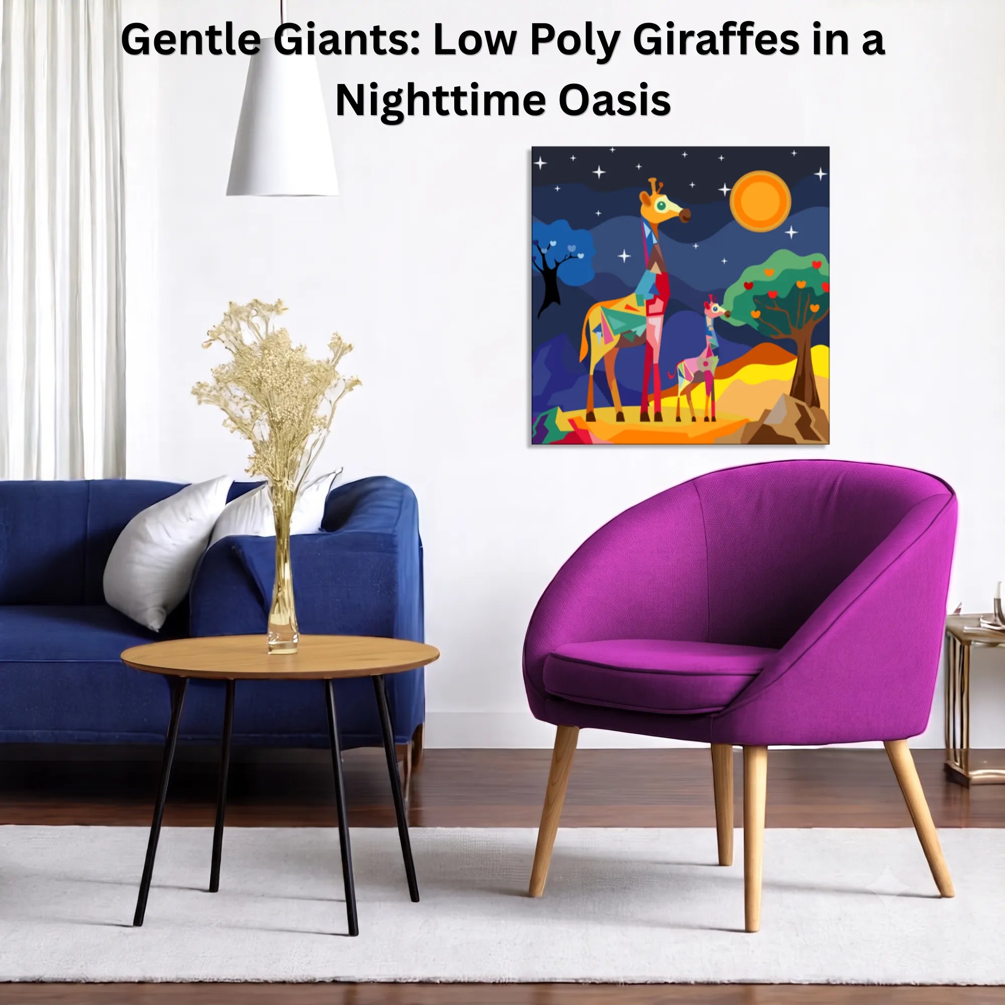 Gentle Giants: Low Poly Giraffes in a Nighttime Oasis canvas wall art displayed in a modern living room home décor setup
