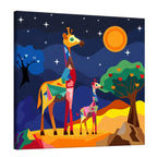 Gentle Giants: Low Poly Giraffes in a Nighttime Oasis premium framed canvas print wall art for living room by PaintzStories