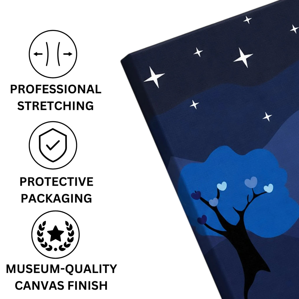 Gentle Giants: Low Poly Giraffes in a Nighttime Oasis canvas print professionally stretched with a neat wrap finish and securely packed in protective packaging for safe delivery