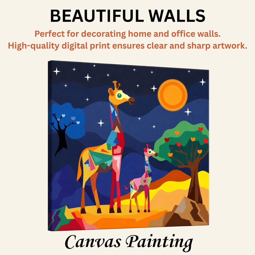 Gentle Giants: Low Poly Giraffes in a Nighttime Oasis artistic canvas print enhancing beautiful living room walls