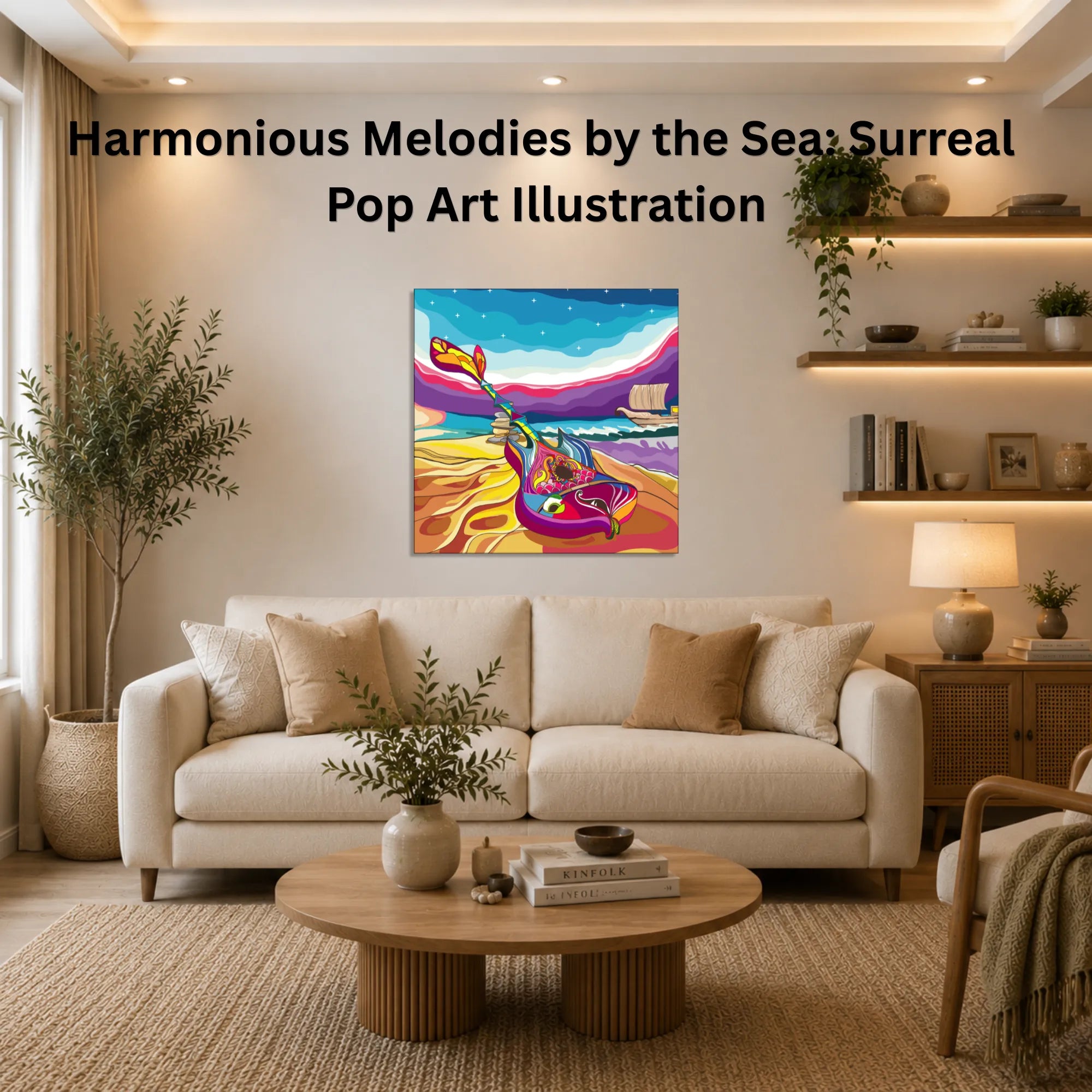 Harmonious Melodies by the Sea canvas wall art displayed in a modern living room home décor setup