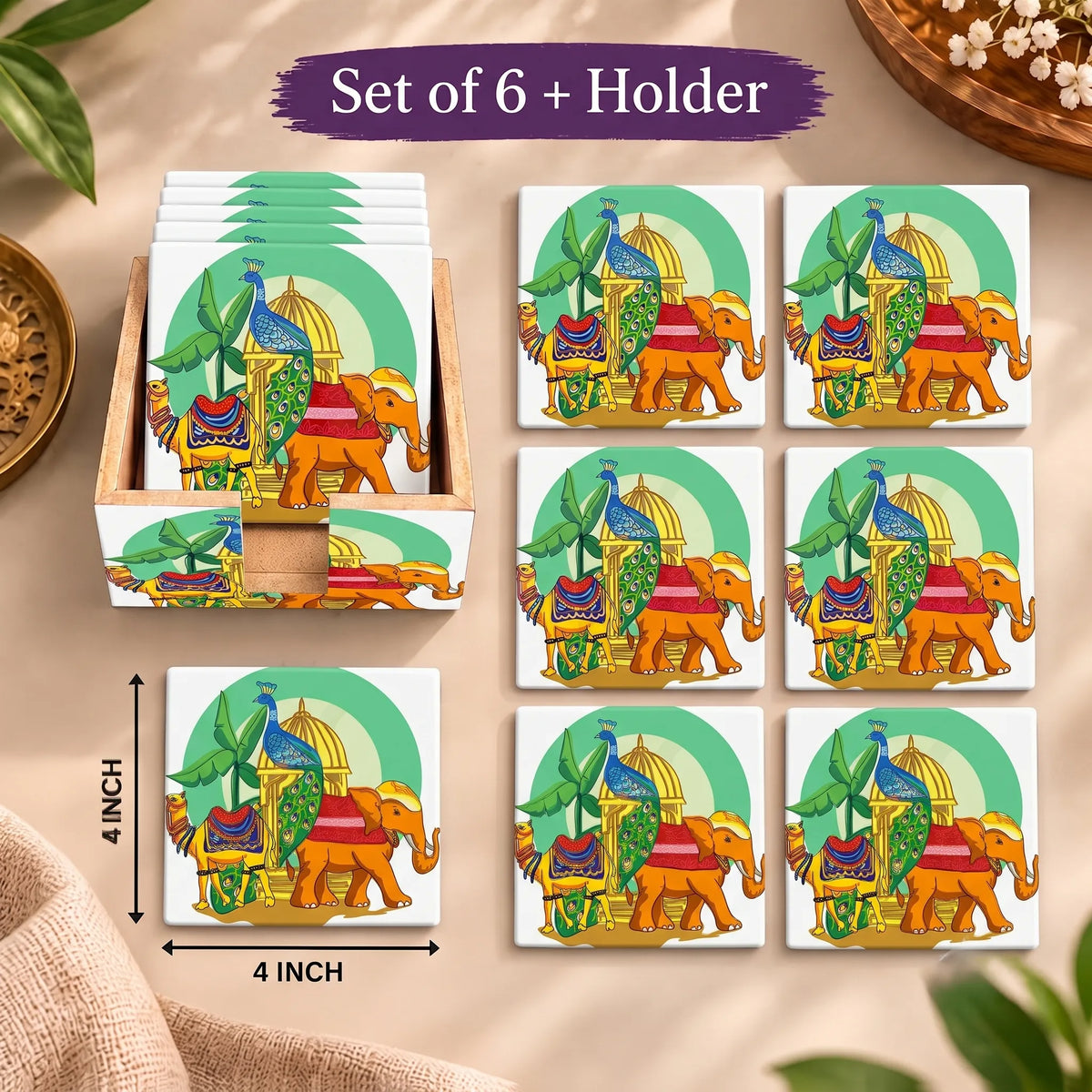 PaintzStories A Journey Through Culture & Tradition wooden coasters 4x4 inch with holder dimensions