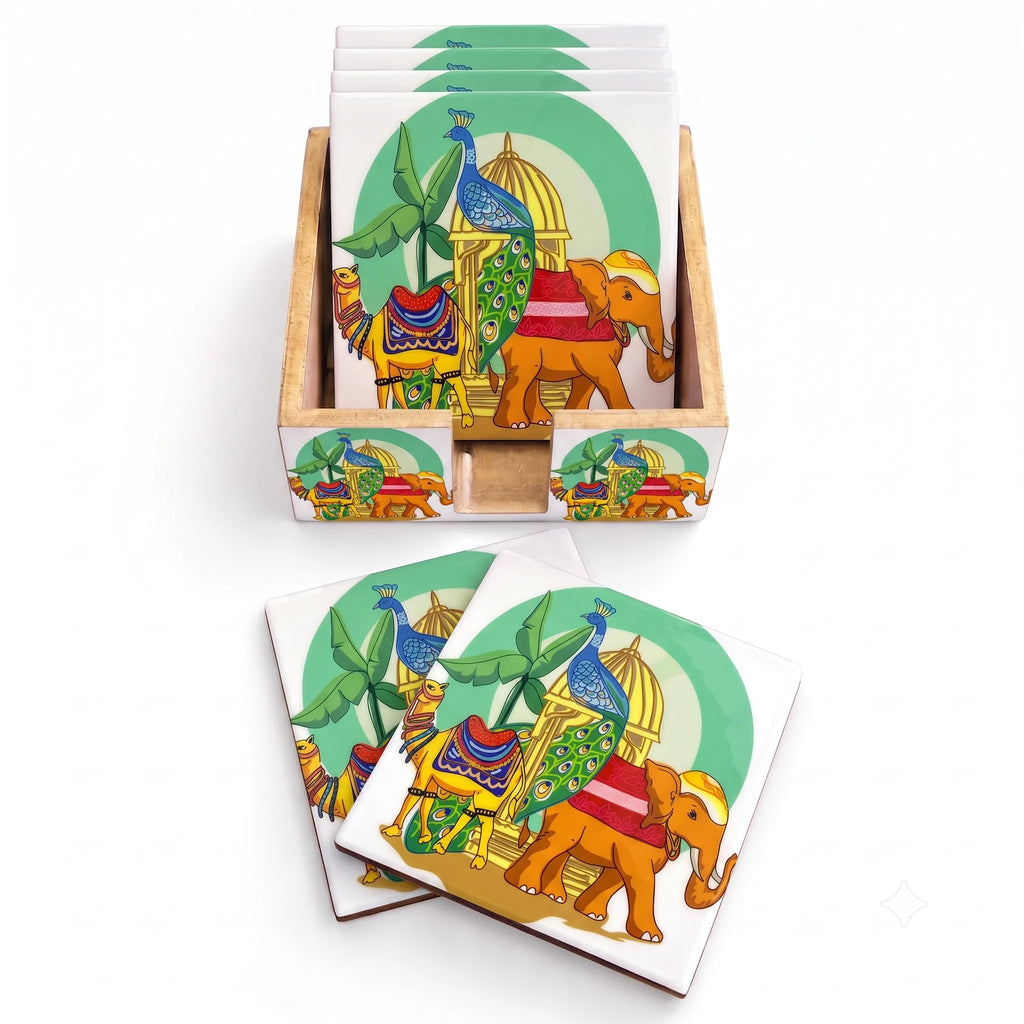 PaintzStories A Journey Through Culture & Tradition artistic wooden coasters set of 6 with holder