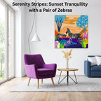 Serenity Stripes: Sunset Tranquility with a Pair of Zebras canvas wall art displayed in a modern living room home décor setup