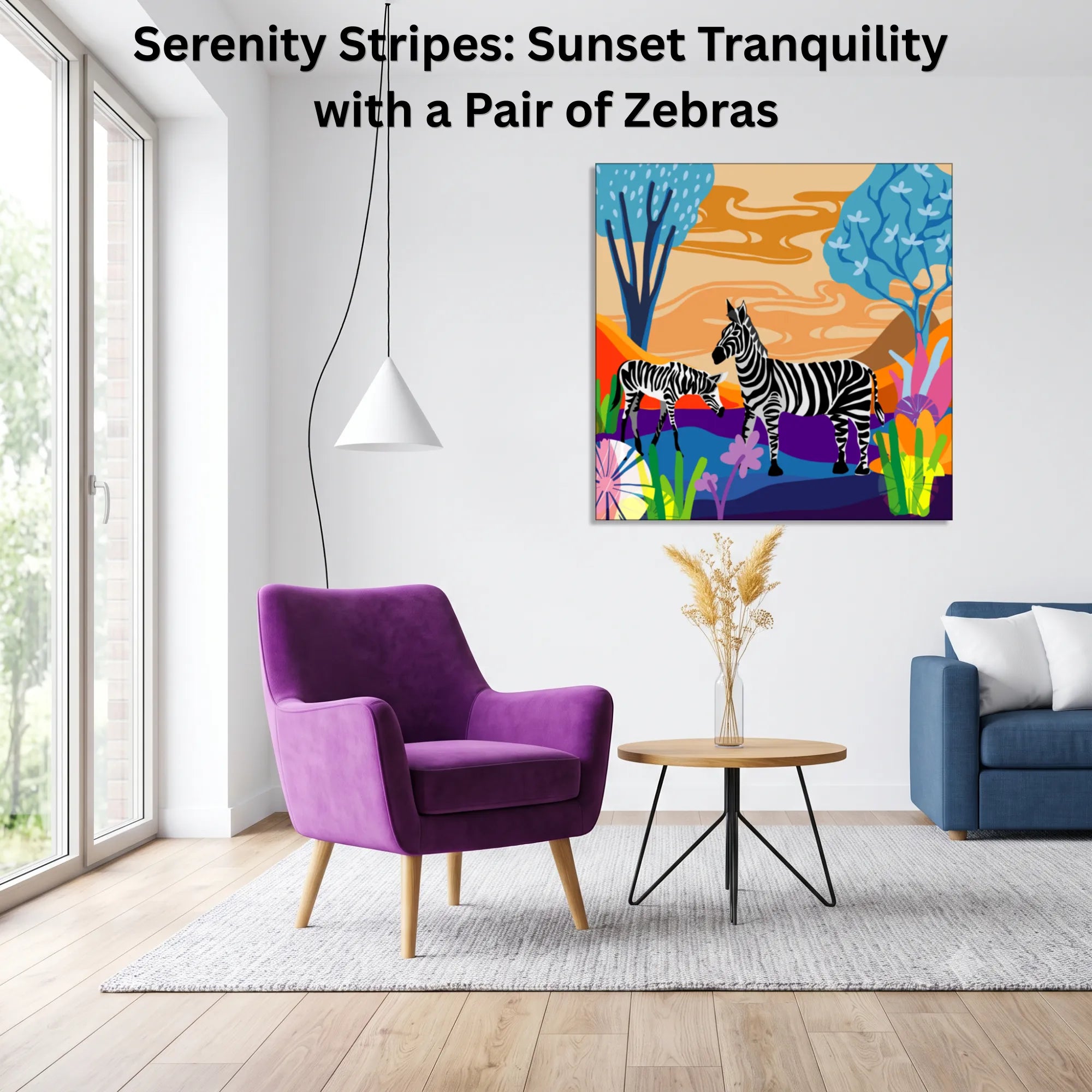 Serenity Stripes: Sunset Tranquility with a Pair of Zebras canvas wall art displayed in a modern living room home décor setup
