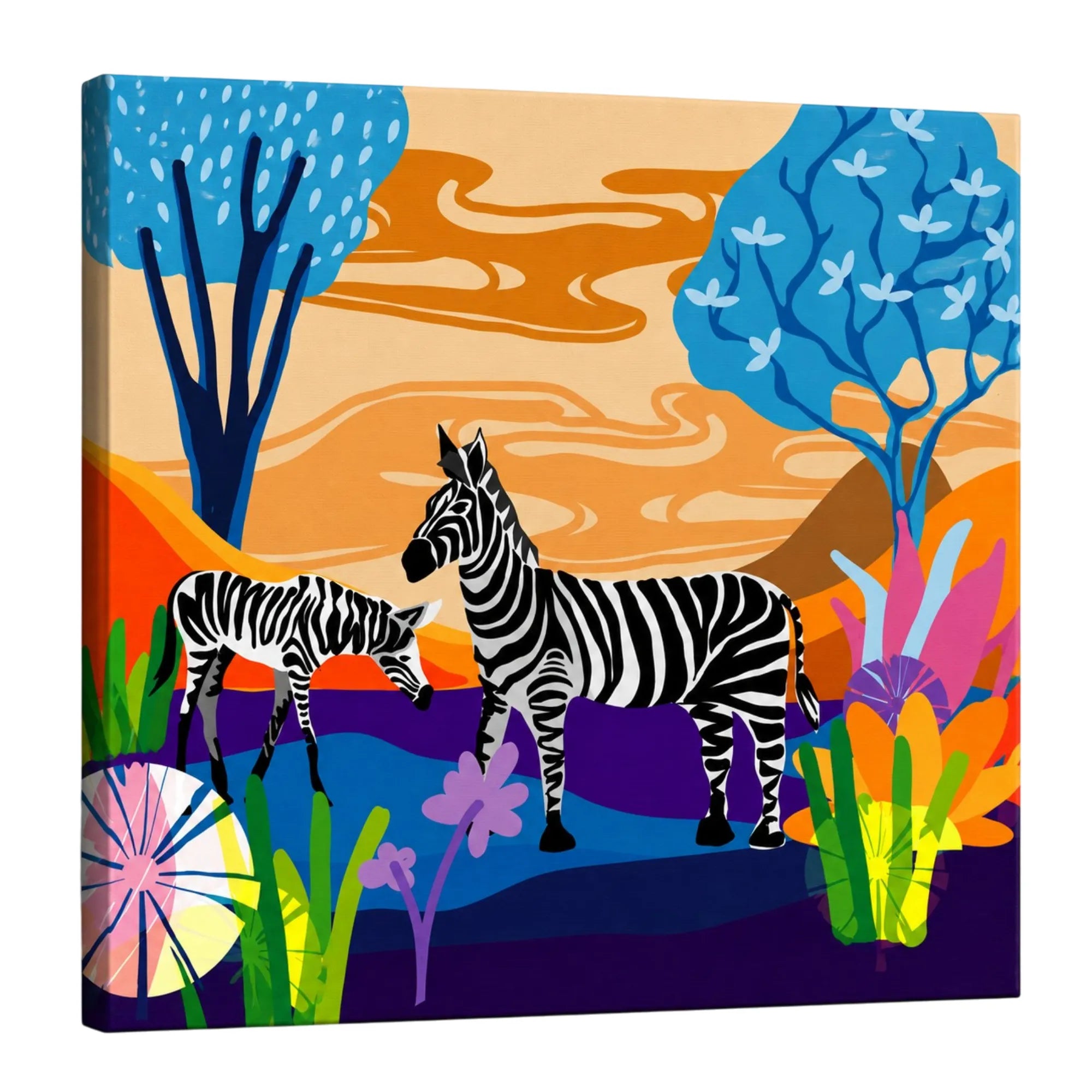 Serenity Stripes: Sunset Tranquility with a Pair of Zebras premium framed canvas print wall art for living room by PaintzStories