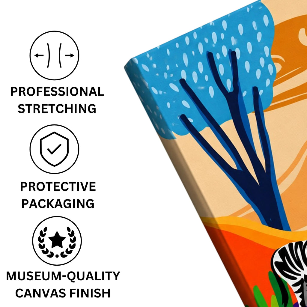 Serenity Stripes: Sunset Tranquility with a Pair of Zebras canvas print professionally stretched with a neat wrap finish and securely packed in protective packaging for safe delivery