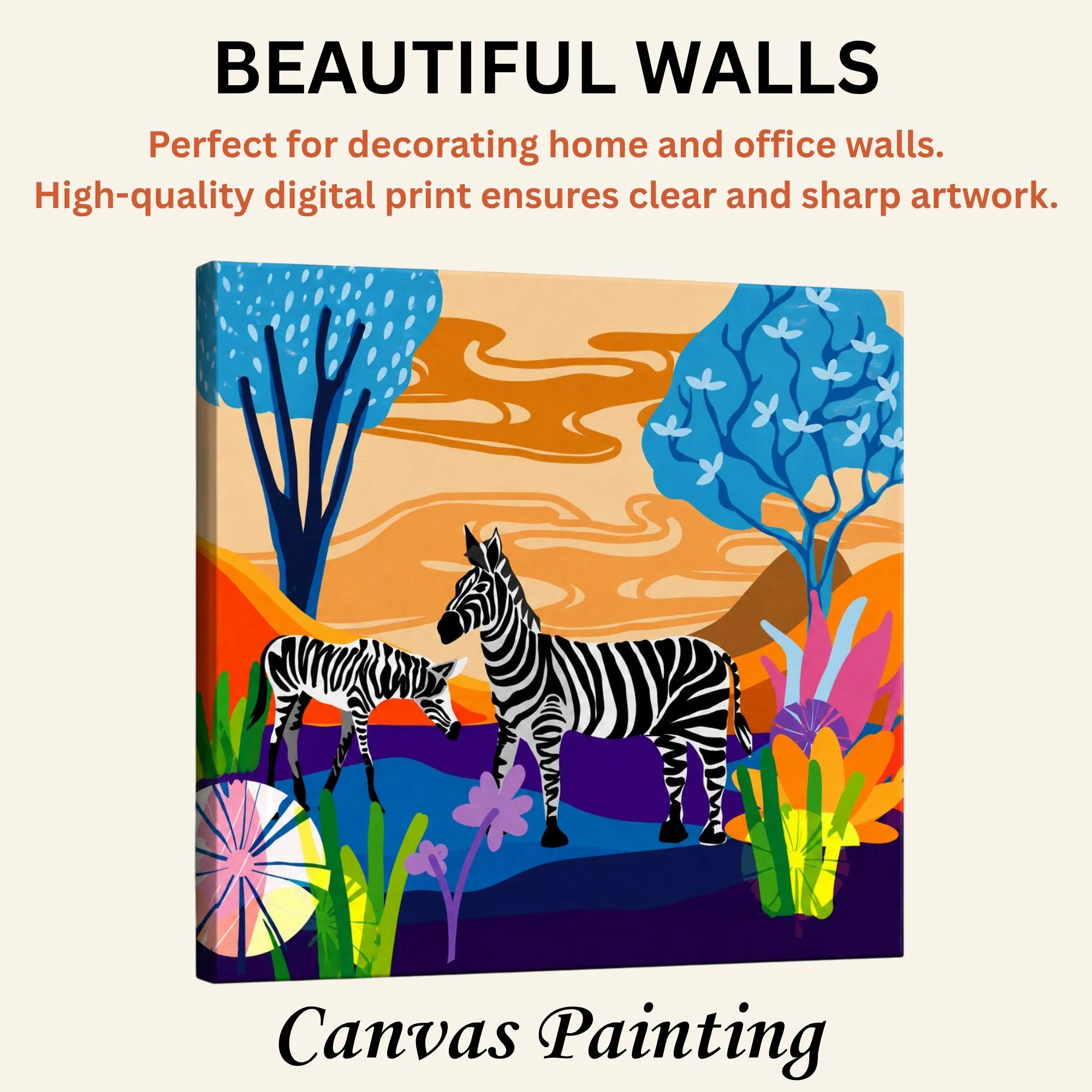 Serenity Stripes: Sunset Tranquility with a Pair of Zebras artistic canvas print enhancing beautiful living room walls