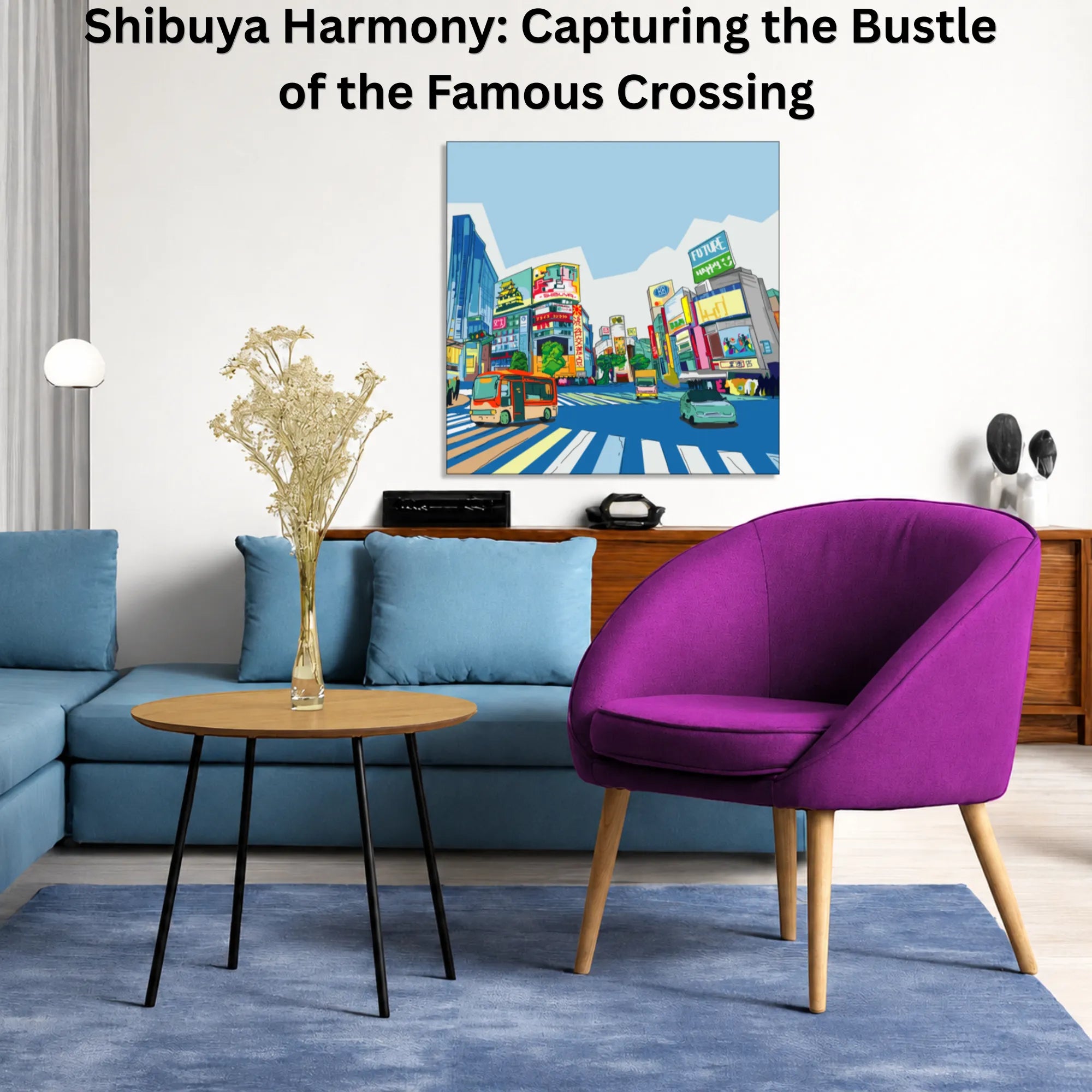 Shibuya Harmony: Capturing the Bustle of the Famous Crossing canvas wall art displayed in a modern living room home décor setup
