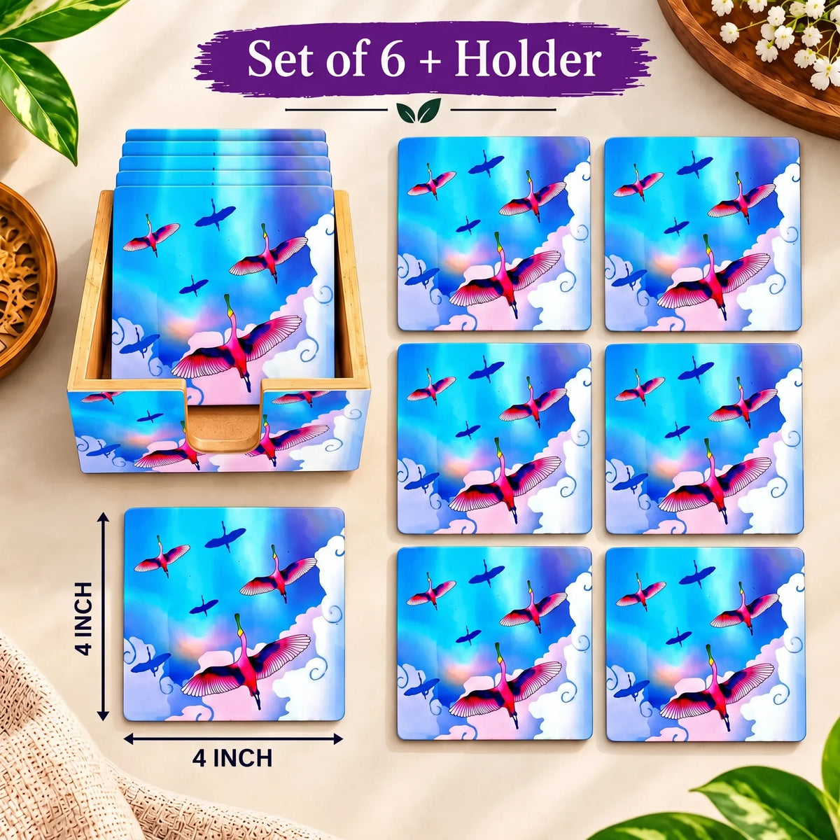 PaintzStories Stunning Birds in a Colourful Sky wooden coasters 4x4 inch with holder dimensions