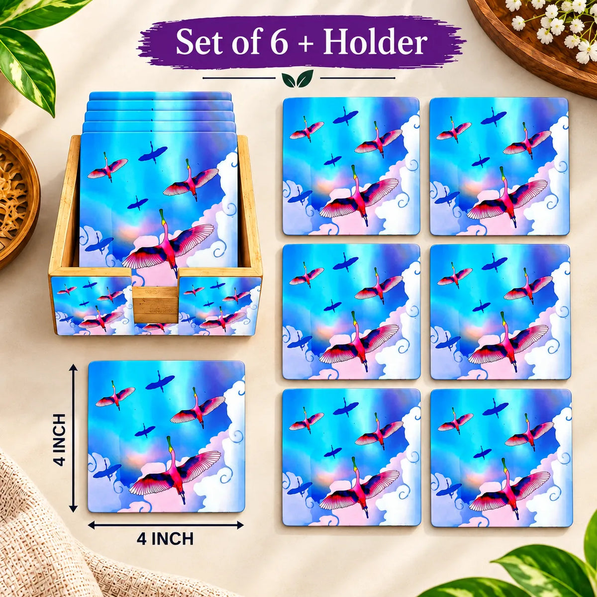 PaintzStories Stunning Birds in a Colourful Sky wooden coasters 4x4 inch with holder dimensions