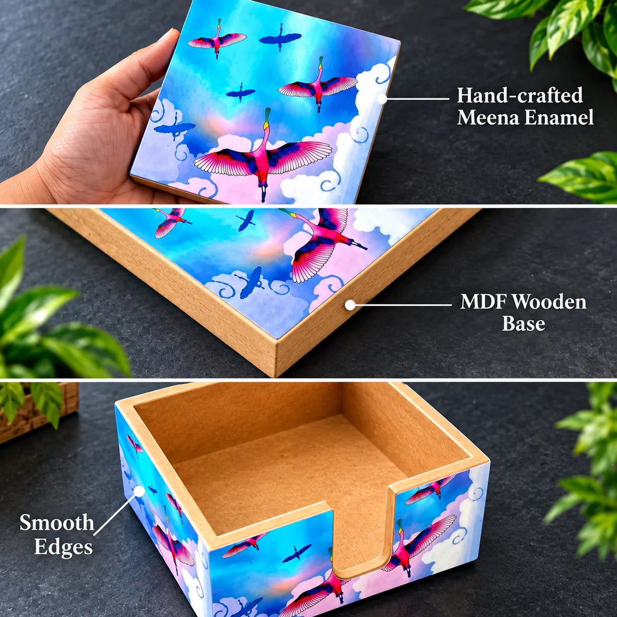 PaintzStories Stunning Birds in a Colourful Sky handcrafted wooden coasters with decorative Meena print