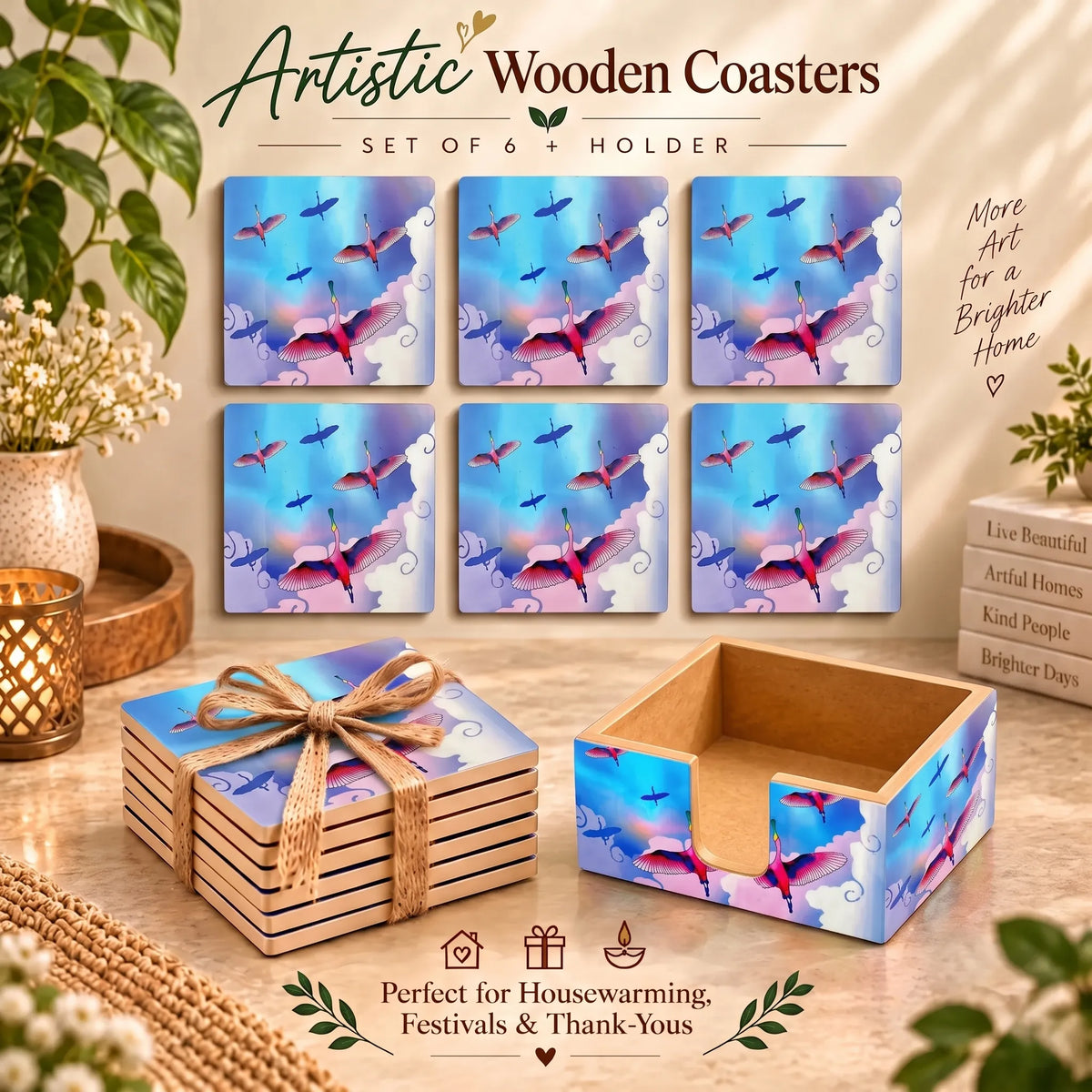 PaintzStories Stunning Birds in a Colourful Sky wooden coasters set of 6 gift item