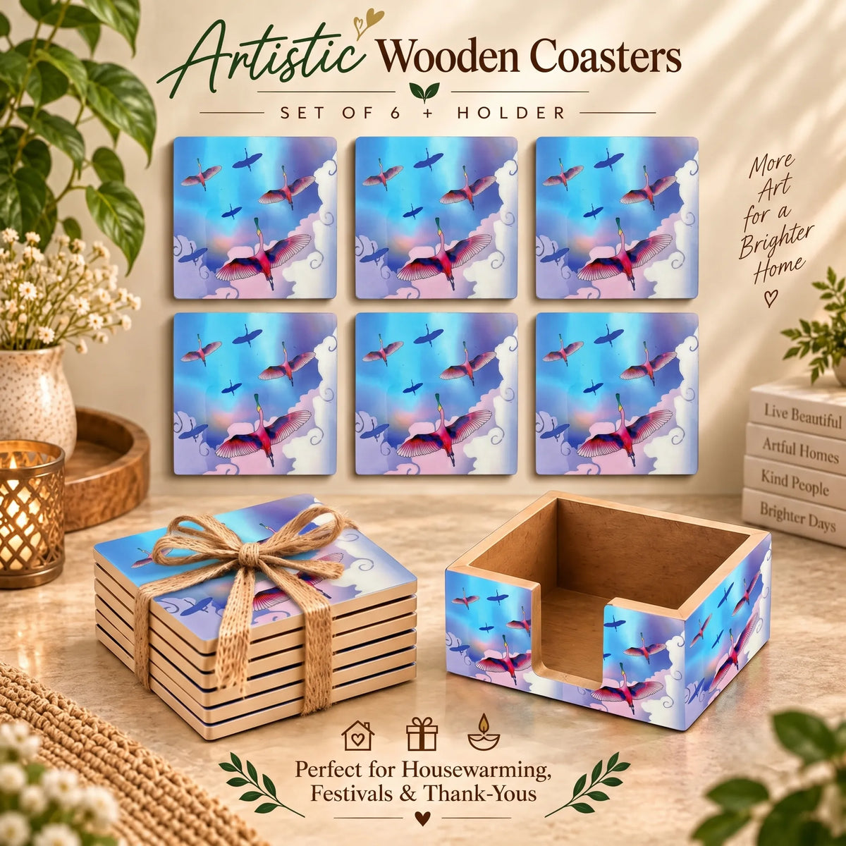 PaintzStories Stunning Birds in a Colourful Sky wooden coasters set of 6 gift item